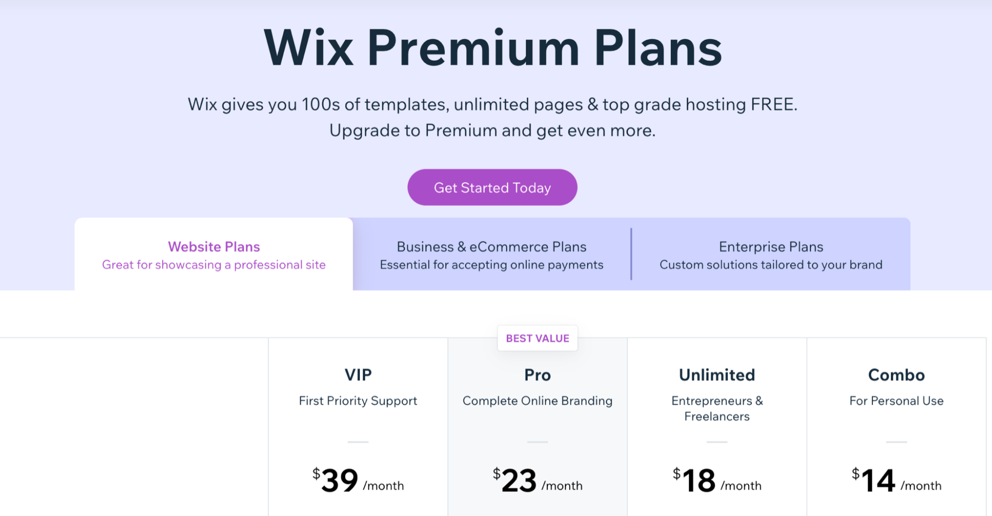 wix pricing plan comparison